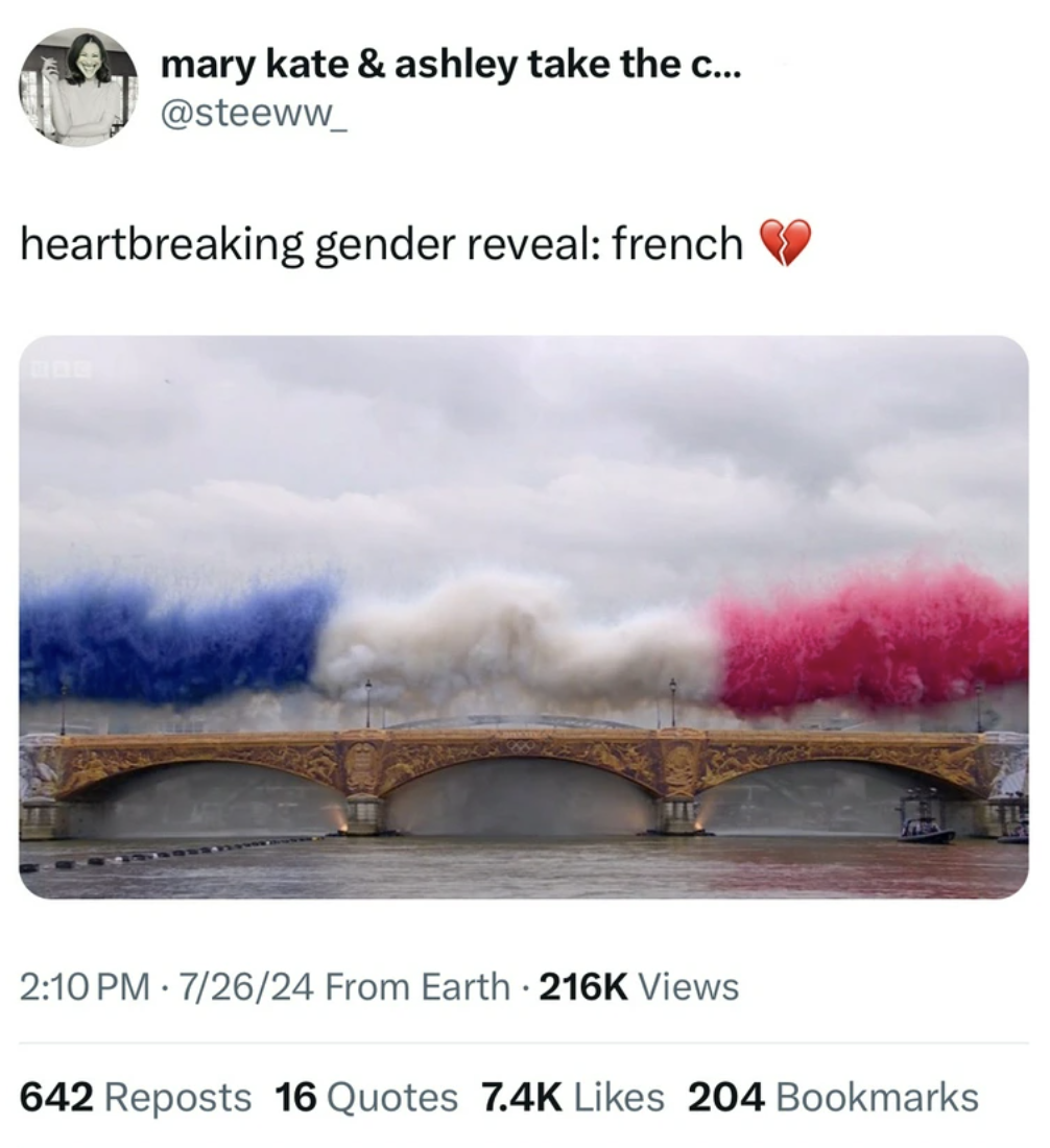 Olympic Games Paris 2024 - mary kate & ashley take the c... heartbreaking gender reveal french 72624 From Earth Views 642 Reposts 16 Quotes 204 Bookmarks